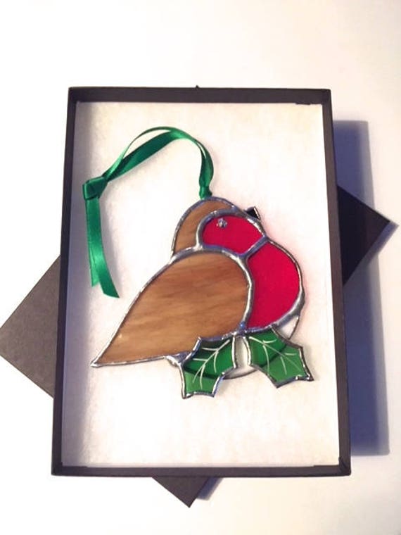 Robin Redbreast Stained Glass Suncatcher Home Decor, Christmas Window Ornament,
