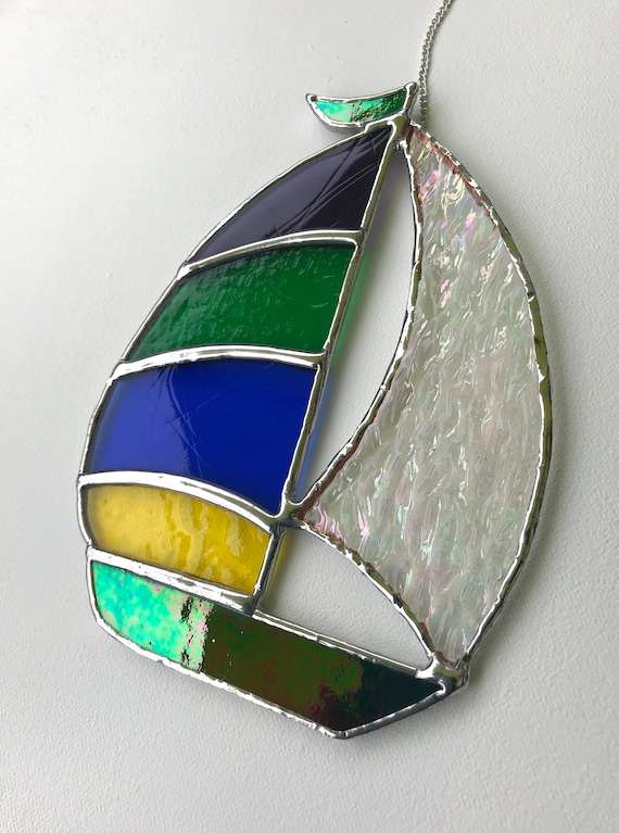 Multi-Coloured Textured Stained Glass Spinnaker Sailboat Suncatcher