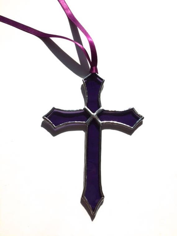 Amethyst Stained Glass Cross Suncatcher Wall Window Garden Decor, Gift Of Comfort, Christening, Holy Communion