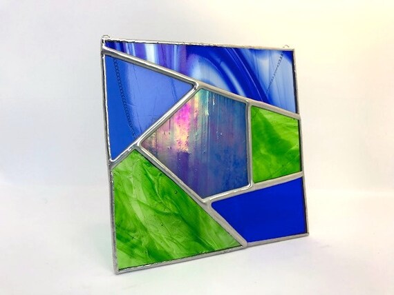 Geometric Iridescent Blue And Green Stained Glass Suncatcher Home Decor, Housewarming, Wedding Present, Modern Gift