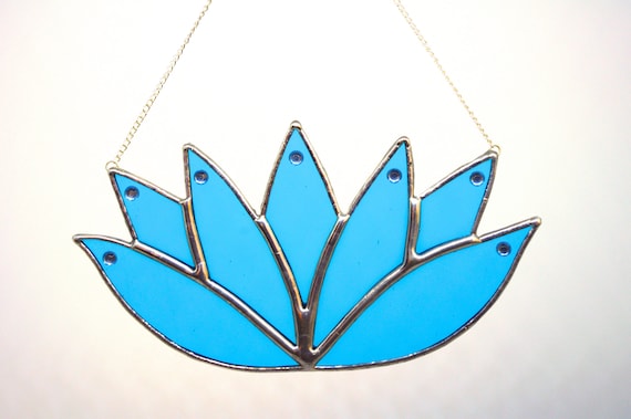 Beautiful, Calming Aquamarine Lotus Flower Handmade Stained Glass Suncatcher, Karma Gift