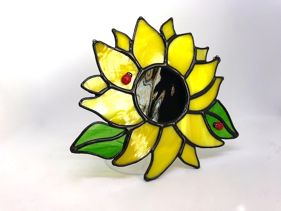 Large Sunflower With Ladybirds Stained Glass Suncatcher, Wall Art Home Decor, Birthday Gift, Garden Ornament