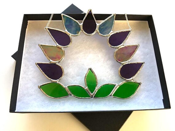Iridescent Lavender Stained Glass Wreath Suncatcher, Wall Decoration, Birthday Present