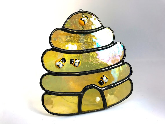 Iridescent Golden Honey Beehive Stained Glass Suncatcher Home Decor, Window Ornament, Hive Wall Decoration, Birthday Gift Beekeeper