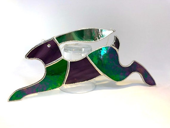 Large Iridescent Emerald Green And Amethyst Purple Stained Glass Running Hare Suncatcher, Wall Decoration, Unusual Country Style Ornament