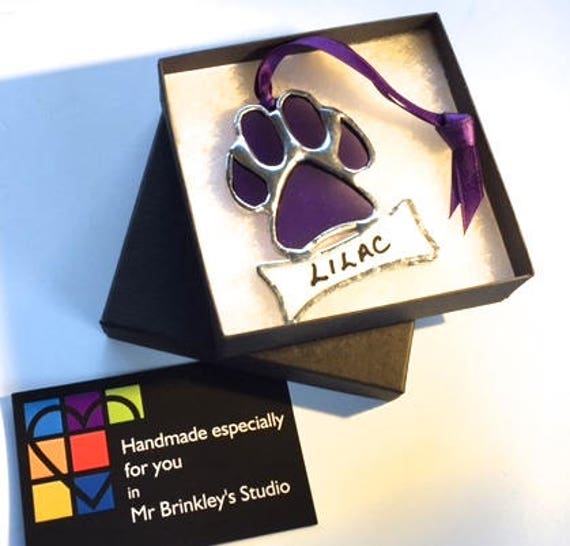 Purple Lilac Stained Glass Personalised Dog's Paw Suncatcher Dog Lover Window Ornament Wall Decor, Dog's Name Gift