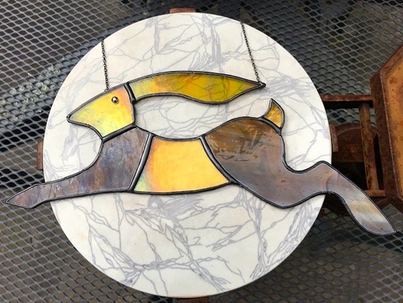 Large Golden Stained Glass Running Hare Suncatcher, Wall Decoration, Unusual Country Style Ornament