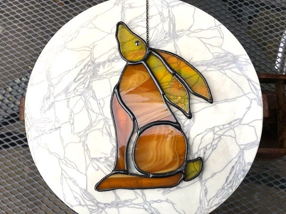 Golden Magical Moon Gazing Hare Stained Glass Suncatcher, Wall Decoration, Unusual Country Style Ornament, Special Friend Gift