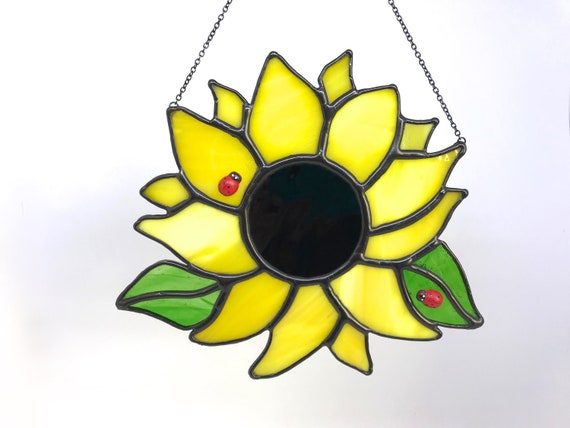 Large Sunflower With Ladybirds Stained Glass Suncatcher, Wall Art Home Decor, Birthday Gift, Garden Ornament