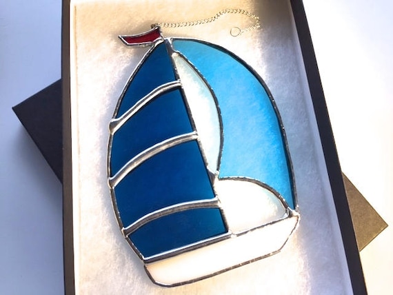 Royal Blue and Turquoise Spinnaker Stained Glass Sailboat Suncatcher Home Decor, Sailor Birthday Gift Boating Window Ornament Yacht Sailing
