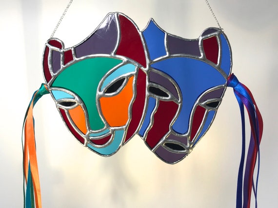 Comedy and Tragedy Theatre Stained Glass Masks Suncatcher, Wall Art Home Decor, Venetian Mask, Gemini Birthday, Actor Actress Gift