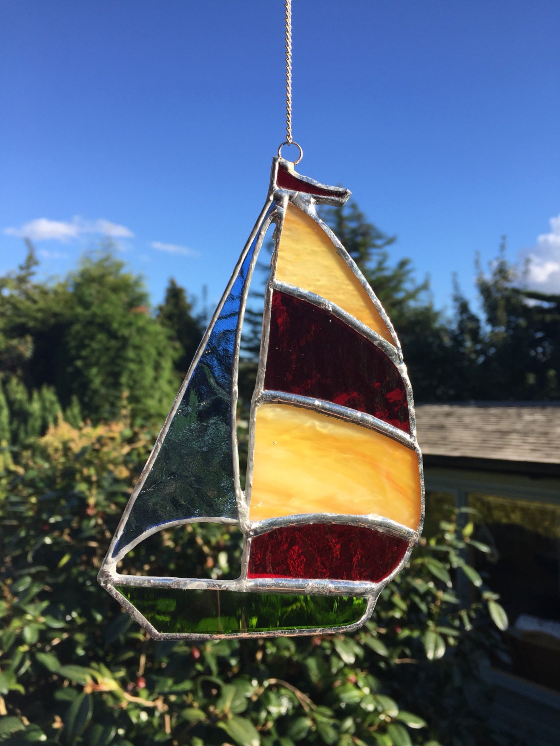 Stained Glass Sailboat Suncatcher Home Decor, Sailor Birthday Gift