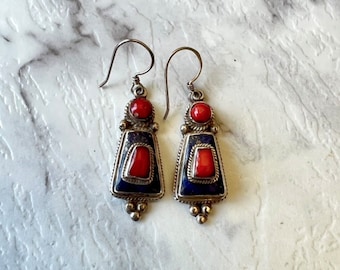 Lapis Lazuli & Coral Sterling Silver Earrings: Nepalese Gemstone Dangle