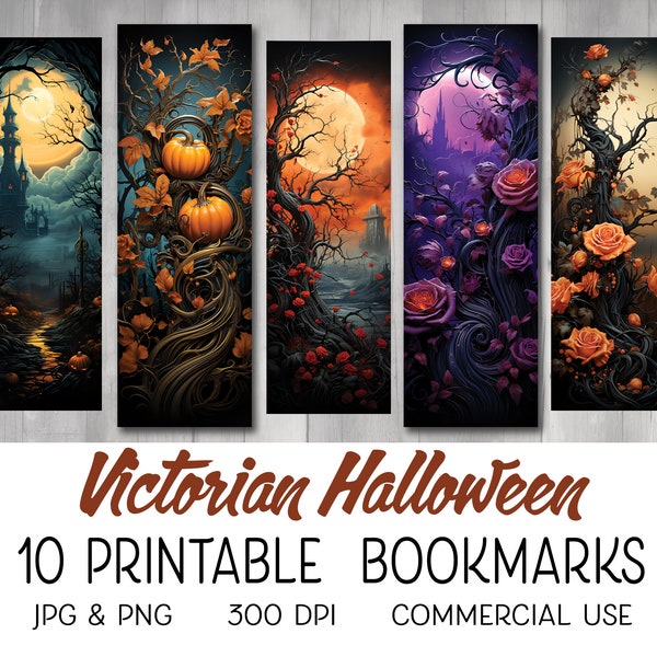 10 Victorian Halloween Printable Bookmarks, Digital Download Bookmark Pages, Book Lover Gift Bookmark Set, Individual PNG Sublimation Files