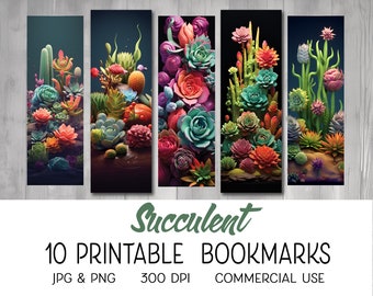 Succulent 10 Printable Bookmarks, Digital Download Bookmark Pages, Book Lover Gift Bookmark Set, Individual PNGS, Sublimation Files
