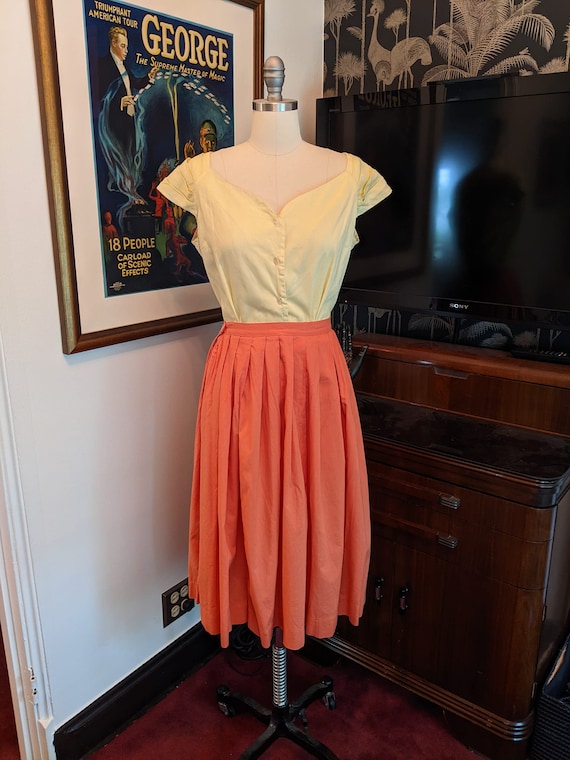 Salmon pink 1950s cotton pleated skirt