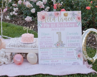 Pink Gold 1st Birthday Chalkboard, First Birthday Milestones, Floral Gold Birthday Sign, First Year Chalkboard, 1st Birthday Sign