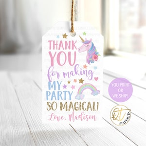 Unicorn Thank You Tag, Unicorn Birthday Tag, Unicorn Party Favor Tag, Magical Birthday Favor, Rainbow Thank You Tag, Unicorn Birthday Decor image 1