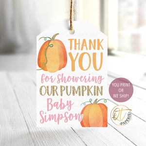Pumpkin Baby Shower Thank You Tag, Pink Gold Pumpkin Baby Shower Tag, Pink Pumpkin Thank You Tag, Pumpkin Favor Tag, Girl Fall Pumpkin Tag