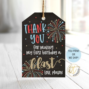 Étiquette de remerciement du 4 juillet, étiquette de cadeau de fête d'anniversaire feu d'artifice, remerciement d'anniversaire du 4 juillet, étiquette du 4 juillet, étiquette de remerciement feu d'artifice
