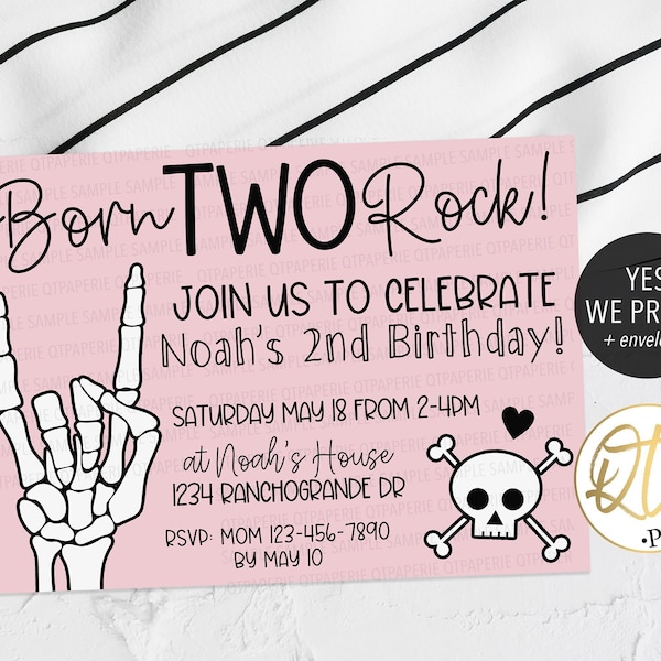 Girl Born TWO Rock Invitation, Born 2 Rock Birthday Invite, Punk 2nd Birthday Invite, Bad Two the Bone, Skeleton Cool Edgy Birthday Decor