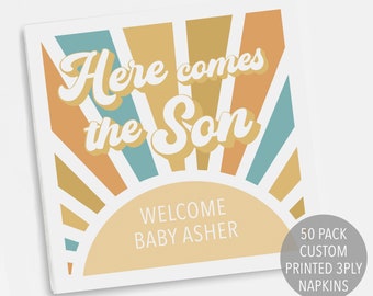 Here Comes The Son Napkin, Sunshine Baby Shower Decoration, Sun Party Decor, Printed Personalized Cocktail Napkin Boho Retro Napkin