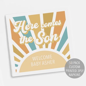 Here Comes The Son Napkin, Sunshine Baby Shower Decoration, Sun Party Decor, Printed Personalized Cocktail Napkin Boho Retro Napkin