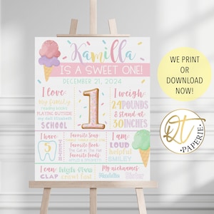 Ice Cream 1st Birthday Sign, Sweet One First Birthday Poster, First Birthday Stat Sign, Ice Cream Birthday Printable, Two Sweet Decoration