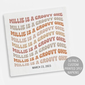 Groovy One Birthday Napkin, Boho Retro 1st Birthday Decoration, 70s Party Decor, Printed Personalized Cocktail Napkin, Hippie Decoration