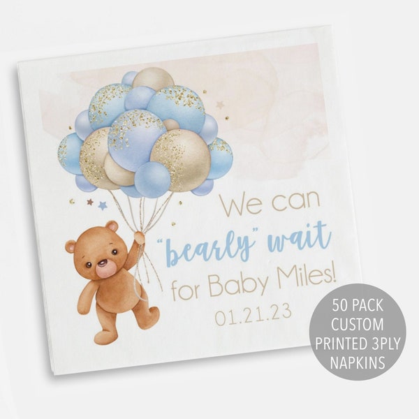 Blue We Can Bearly Wait Baby Shower Napkin, Boy Bearly Wait Baby Shower Decoration, Blue Teddy Bear Printed Personalized Cocktail Napkin
