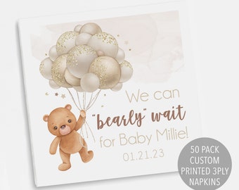 We Can Bearly Wait Baby Shower Napkin, Bearly Wait Baby Shower Decoration, Teddy Bear Baby Shower Decor Printed Personalized Cocktail Napkin