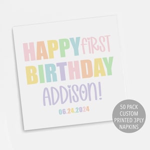 Girl Pastel Birthday Napkin, Pastel Rainbow Party Decoration, Cute Birthday Party Decor, Personalized Cocktail Napkin, Rainbow Birthday