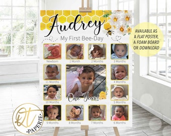 First Bee Day Birthday Photo Collage, Bee First Year, Sweet to Bee One Sign, Bee Flower Picture Sign, First 12 Months Poster, 1st Birthday