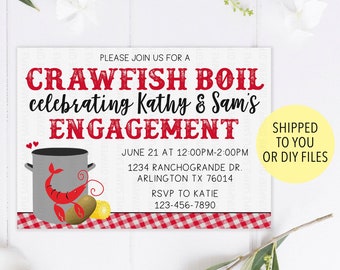 May include: An invitation for a Crawfish Boil celebrating Kathy & Sam's Engagement. The design features red text and a graphic of a crawfish boil pot with crawfish and vegetables. The invitation includes event details and RSVP information.
