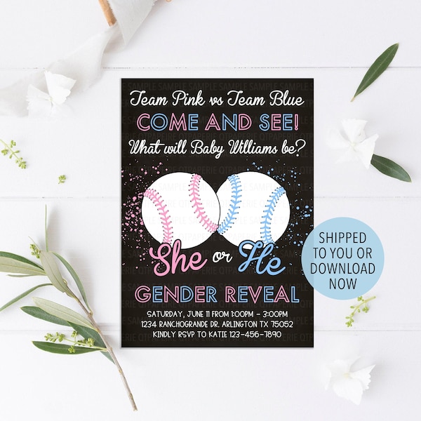 Baseball Gender Reveal Invitation, Team She Team He Invitation, Baseball or Bows Gender Reveal, Baseball Theme Reveal, Balls or Bows Gender