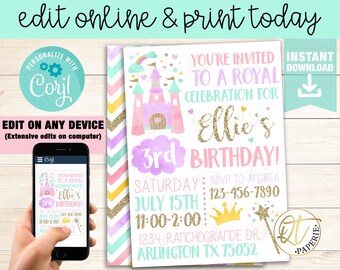 princess invitations etsy princess party birthday invitations