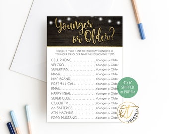 70th Birthday 50th Birthday Printable Game Birthday Trivia Younger Or Older Game 60 Birthday Rustic Birthday Game 50th Birthday Game Note Cards Paper Party Supplies Lifepharmafze Com
