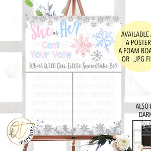 She or He Snowflake Reveal, Glitter Snowflake Gender Reveal Voting Printable, December Gender Reveal Sign, Winter Gender Vote Poster