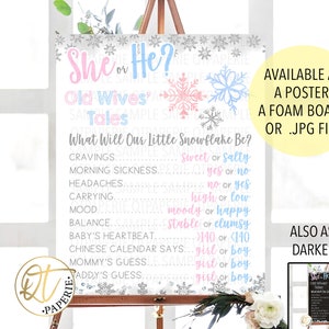 December Gender Reveal Sign, Printed Snowflake Old Wives Tales Poster, He She Snowflake Sign, Winter Gender Reveal Board, December Reveal