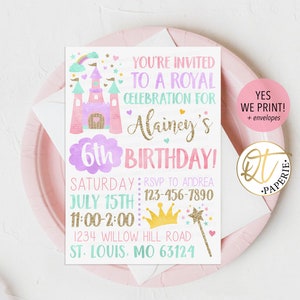 May include: A pink and purple princess castle birthday invitation with a gold glitter crown and wand. The invitation says "You're invited to a royal celebration for Alainey's 6th birthday!" with details for the party.