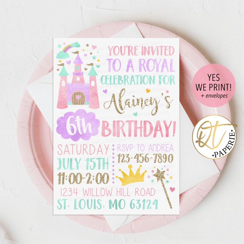 May include: A pink and purple princess castle birthday invitation with a gold glitter crown and wand. The invitation says "You're invited to a royal celebration for Alainey's 6th birthday!" with details for the party.