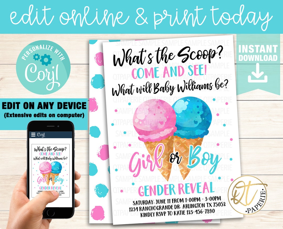 Whats The Scoop Gender Reveal Invitation Ice Cream Gender Reveal
