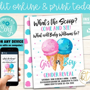 Whats the Scoop Gender Reveal Invitation, Ice Cream Gender Reveal, Whats the Scoop Invitation, Editable Whats The Scoop Invite Corjl