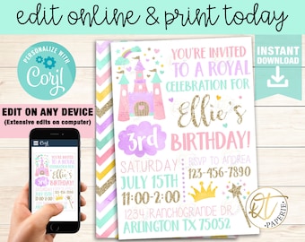 Princess Invitation Template, Princess Birthday Invitation, Princess Party Invitation, Royal Birthday Invitation, Princess Invite