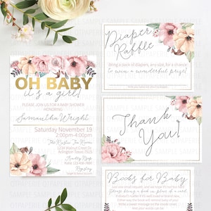 Oh Baby Baby Shower Invitation, It's A Girl Baby Shower, Oh Baby Baby Shower Suite, It's A Girl Babyshower Invitation, Gold Floral Baby