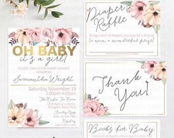 Oh Baby Baby Shower Invitation, It's A Girl Baby Shower, Oh Baby Baby Shower Suite, It's A Girl Babyshower Invitation, Gold Floral Baby