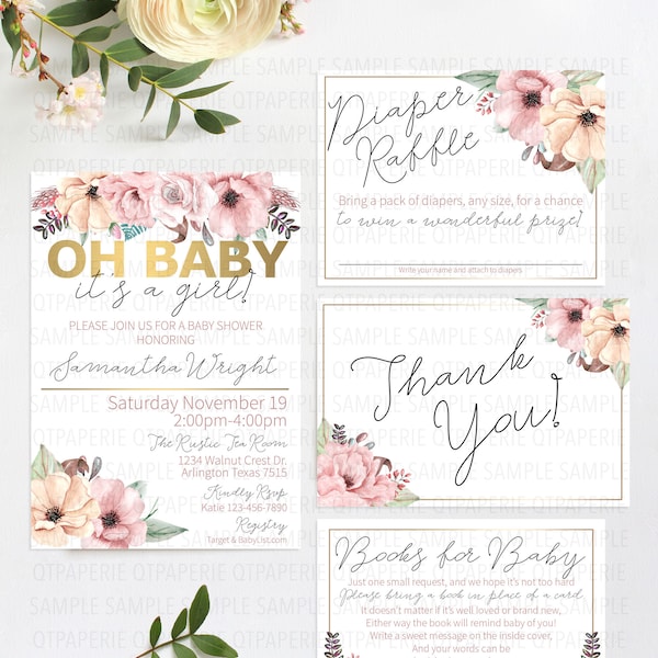 Oh Baby Baby Shower Invitation, It's A Girl Baby Shower, Oh Baby Baby Shower Suite, It's A Girl Babyshower Invitation, Gold Floral Baby