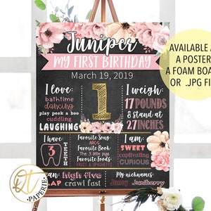 First Birthday Chalkboard, Floral Chalkboard Sign, 1st Birthday Chalkboard, Girl First Birthday Chalkboard, Floral Birthday Sign