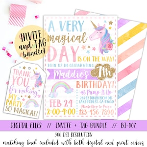 PRINTABLE Unicorn Invitation, Unicorn Party Package, Magical Birthday Invitation, Unicorn Birthday, Unicorn Invite, Unicorn Thank You
