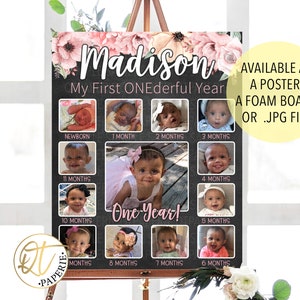 Collage de photos du premier anniversaire, Première année de fleurs, Photo mensuelle en or, Panneau d’image de fleur, Affiche des 12 premiers mois, Panneau d’image du 1er anniversaire